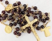Rosary - Genuine Garnet Jerusalem Cross Center Holy Robe and Mary of Magdala - 18K Gold Vermeil