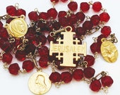 Rosary - French Red Glass Jerusalem Cross and Blessed Mother Center - St Mary Magdalene and Santo Cristo de Limpias - 18K Gold Vermeil