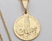 Our Lady of Fatima 16mm, Three Children of Fatima, 18K Gold Vermeil Pendant Necklace, Portugal Shrine