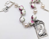 Bracelet - St Therese Porcelain Roses Beads, Freshwater Pearl - Sterling Silver + Sterling Silver Rose