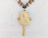Necklace - Blessed Virgin Mary and Crucifix w/ London Blue Topaz 18K Gold Vermeil + 19 Inch Parisian Ball Chain