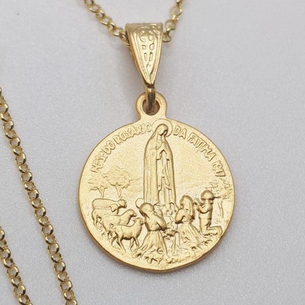 Our Lady of Fatima 16mm, Three Children of Fatima, 18K Gold Vermeil Pendant Necklace, Portugal Shrine