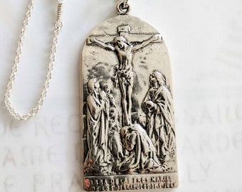 Necklace - Three Marys at Cross / Eucharistic Adoration 28x56mm - Sterling Silver + 24 Inch Italian Sterling Silver Chain