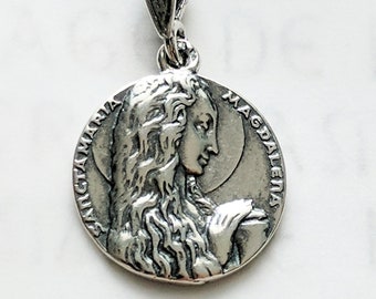 Mary of Magdala Medal 18mm, Alabaster Jar and Long Hair, Sterling Silver, Mary Magdalene Pendant