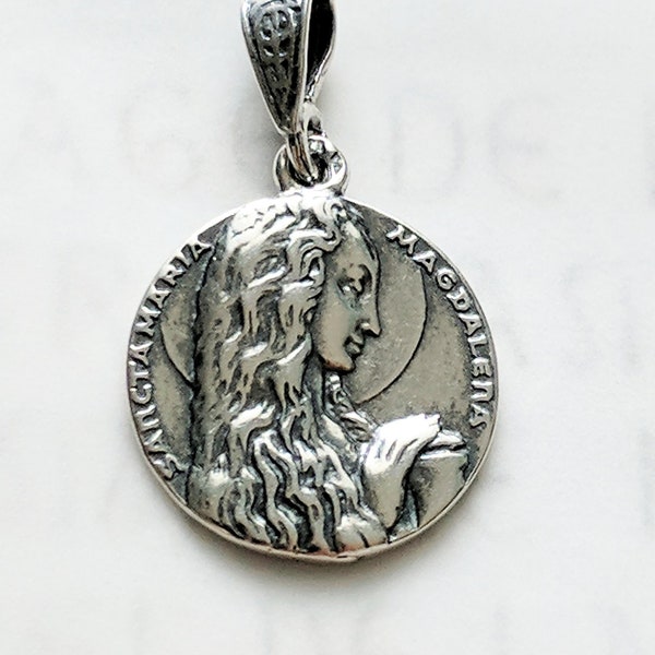 Mary of Magdala Medal 18mm, Alabaster Jar and Long Hair, Sterling Silver, Mary Magdalene Pendant