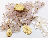 Rosary - Pink Morganite Ste Marie Madeleine Center 18K Gold Vermeil, Mother of Pearl Cross + Santo Cristo de Limpias + Tiny Miraculous Medal