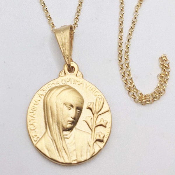 St Catherine of Siena Necklace 20.5mm + 18 Inch Italian 18K Gold Vermeil Chain