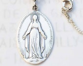 Necklace - French Miraculous Medal Sterling Silver - 21x33mm + 18 inch Italian Sterling Silver Chain