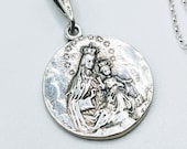 Necklace - Our Lady of Mount Carmel / Sacred Heart of Jesus 20mm - Sterling Silver + 18 Inch Italian Sterling Silver Chain