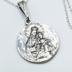 Necklace - Our Lady of Mount Carmel / Sacred Heart of Jesus 20mm - Sterling Silver + 18 Inch Italian Sterling Silver Chain