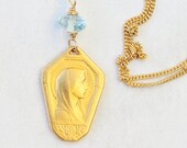 Necklace - Tiny Our Lady of Lourdes 12x17mm Aquamarine - 18K Gold Vermeil + 18 Inch Italian 18K Gold Vermeil Chain