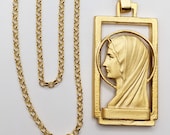 Large Blessed Virgin Mary Necklace 36x67mm - 18K Gold Vermeil + 28 Inch 18K Gold Vermeil 3mm Rolo Chain