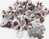 Mary of Magdala Rosary, Porcelain Hail Mary Beads, Agate Our Fathers, Sterling Silver Jerusalem Cross, Center and Miraculous Medal