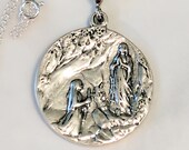 Necklace - Bernadette and Our Lady of Lourdes / St Joseph and Infant Jesus 31mm - Sterling Silver + 18 Inch Italian Sterling Silver Chain