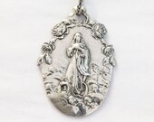 Mary Magdalene Carried by Angels 22x32mm, Sacred Heart of Jesus on back, Sterling Silver, Guardian Angels, Catholic Saint Medal
