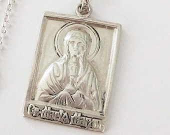 Necklace - St Mary Magdalene 18x25mm with Alabaster Jar Mount of Olives - Sterling Silver + 18 Inch Italian Sterling Silver Chain