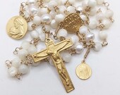 Rosary - Mother of Pearl and Freshwater Pearl - Mary and Baby Jesus and Mary of Magdala - 18K Gold Vermeil