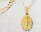 Necklace - TINY Miraculous Medal 8.5x12mm - 14K Gold Plated + 18 Inch Italian 18K Gold Vermeil Chain