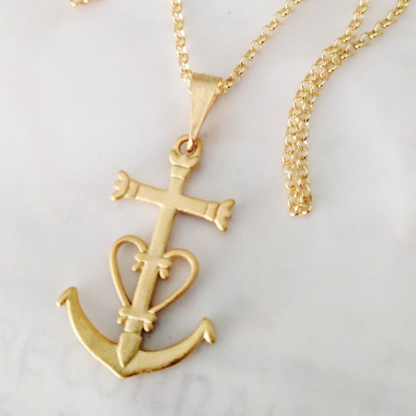 Camargue Cross Pendant Necklace, 18K Gold Vermeil, Anchor Cross Necklace, Saintes Maries, Spiritual, Faith Cross Necklace - 22x34mm