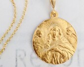 Necklace - Mary Magdalene Carried by Angels 30mm - 18K Gold Vermeil + 18 Inch Italian 18K Gold Vermeil Chain