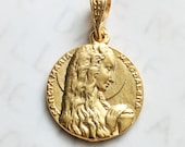 Mary of Magdala Medal 18mm, Alabaster Jar and Long Hair, 18K Gold Vermeil, Mary Magdalene Pendant