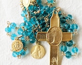 Rosary - Aqua Chinese Crystal - Eucharist Cross, Saint Mary Magdalene & Saintes Maries - 18K Gold Vermeil