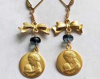 Earrings - Mother and Child / Mary and Baby Jesus - London Blue Topaz - 18K Gold Vermeil