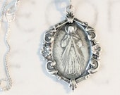 Divine Mercy / Jesus I Trust In You! Necklace 21x30mm, Sterling Silver, Sacred Heart of Jesus Pendant, 18 Inch Italian Sterling Silver Chain