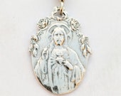 Medal - Mary Magdalene Carried by Angels / Sacred Heart of Jesus 22 x 32mm - Sterling Silver