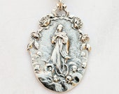 Mary Magdalene Carried by Angels 22x32mm, Sacred Heart of Jesus on back, Sterling Silver, Guardian Angels, Catholic Saint Medal