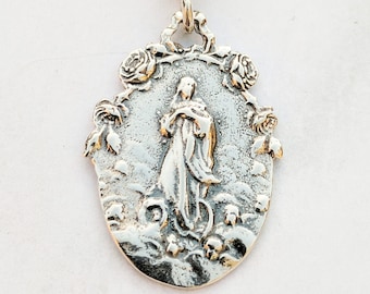Mary Magdalene Carried by Angels 22x32mm, Sacred Heart of Jesus on back, Sterling Silver, Guardian Angels, Catholic Saint Medal