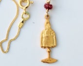 Necklace - Eucharist in Antique Monstrance 18K Gold Vermeil & Ruby + 18 Inch Italian 18K Gold Vermeil Chain
