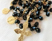 Rosary - Crusader Cross French Vintage Black Crystal - 18K Gold Vermeil