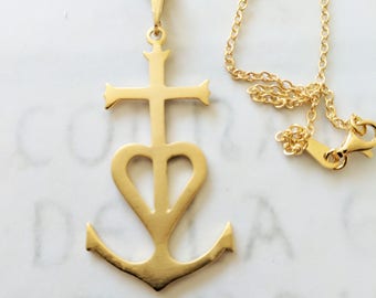 Camargue Cross Pendant Necklace, 18K Gold Vermeil, Anchor Cross Necklace, Saintes Maries, Spiritual, Faith Cross Necklace - 25x46mm