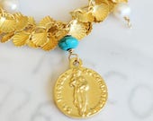 Bracelet - St James of Compostela 15mm CAMINO Bracelet - 18K Gold Vermeil, Freshwater Pearls & Turquoise