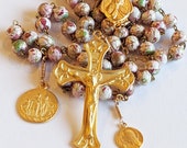 Rosary - French Pink Hand-Painted Glass + Mary of Magdala and Saintes-Maries - 18K Gold Vermeil