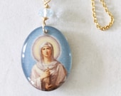 Necklace - St Mary Magdalene Resin of Church on Mount of Olives 17x20 + Aquamarine - 18 Inch Italian 18K Gold Vermeil Chain