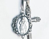 Necklace - Divine Mercy and Antique French Cross - Sterling Silver + 18 inch Italian Sterling Silver Chain