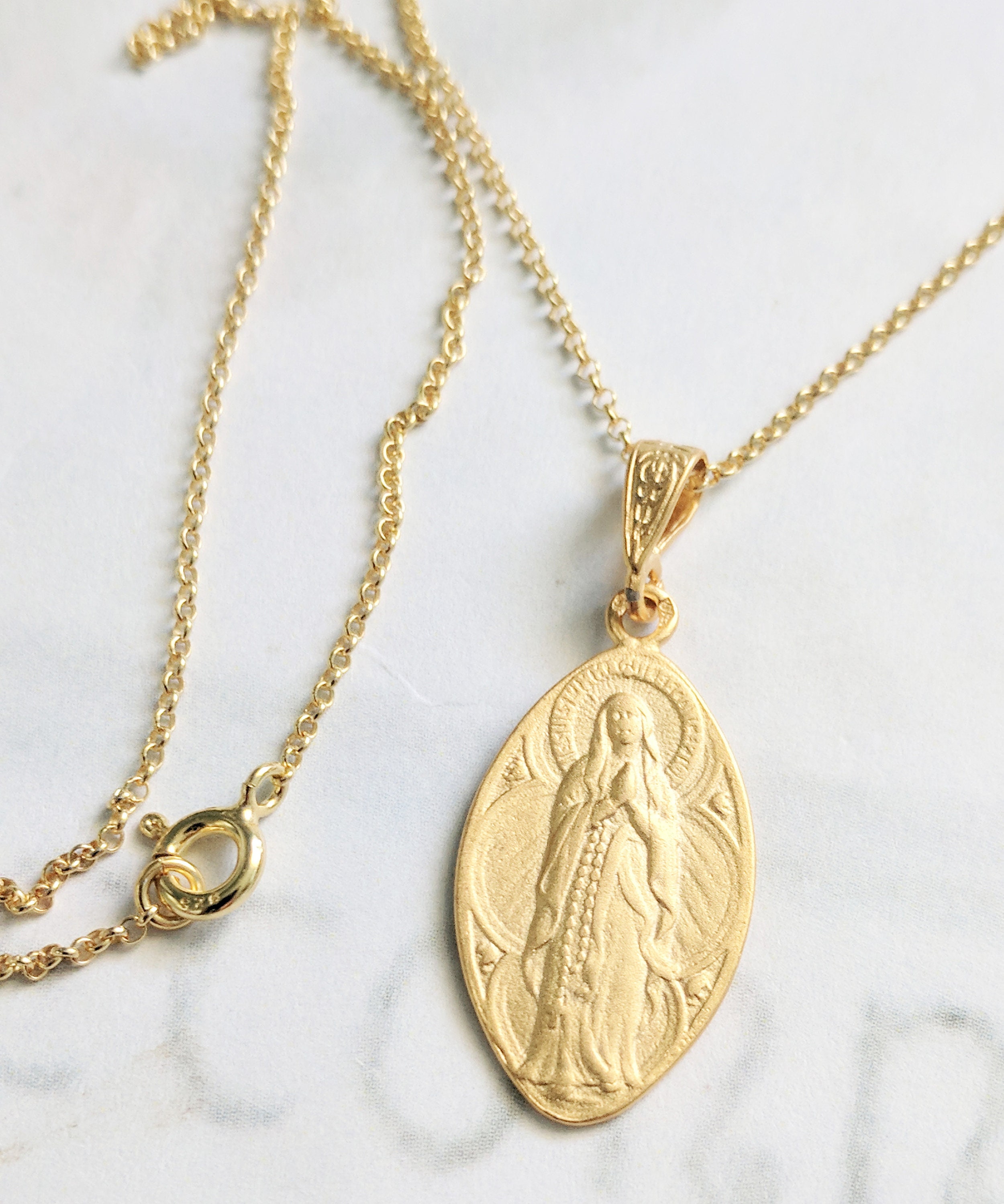 Necklace Our Lady of the Rosary / Lourdes 16x28mm 18K Gold | Etsy