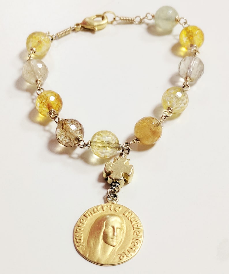 Bracelet 18K Gold Vermeil Citrine Mary of Magdala with Cross