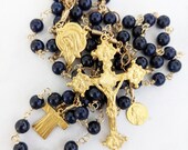 Rosary - Sri Lanka Sapphire Saint Mary Magdalene and Holy Robe of Jesus - 18K Gold Vermeil