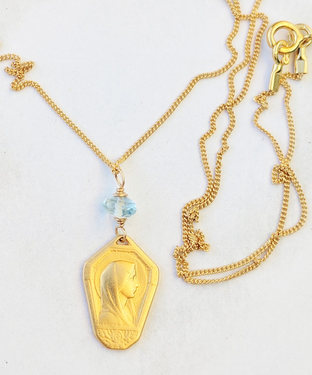 Necklace - Tiny Our Lady of Lourdes 12x17mm Aquamarine - 18K Gold ...