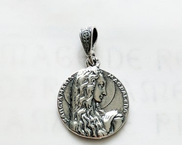 Mary of Magdala Medal 18mm, Alabaster Jar and Long Hair, Sterling