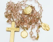 Rosary - Pink Crystal Jerusalem Cross - Santo Cristo di Limpias and Mary of Magdala - 18K Gold Vermeil