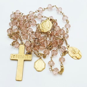 Rosary - Pink Crystal Jerusalem Cross - Santo Cristo di Limpias and Mary of Magdala - 18K Gold Vermeil