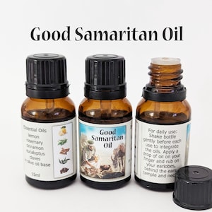 Bouteille d'huile du Bon Samaritain de 15 ml et carte de prières Le Bon Samaritain