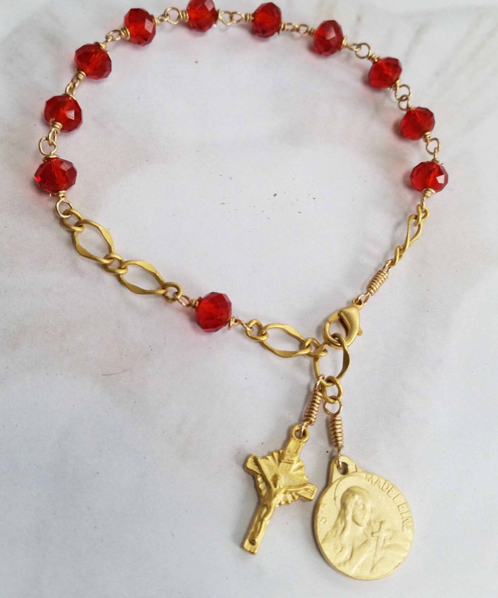 Rosary Bracelet Saint Mary Magdalene Red Crystal 18K Gold Etsy