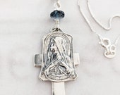 Necklace - Blessed Virgin Mary and Jerusalem Cross w/ London Blue Topaz Sterling Silver + 18 Inch Italian Sterling Silver Chain
