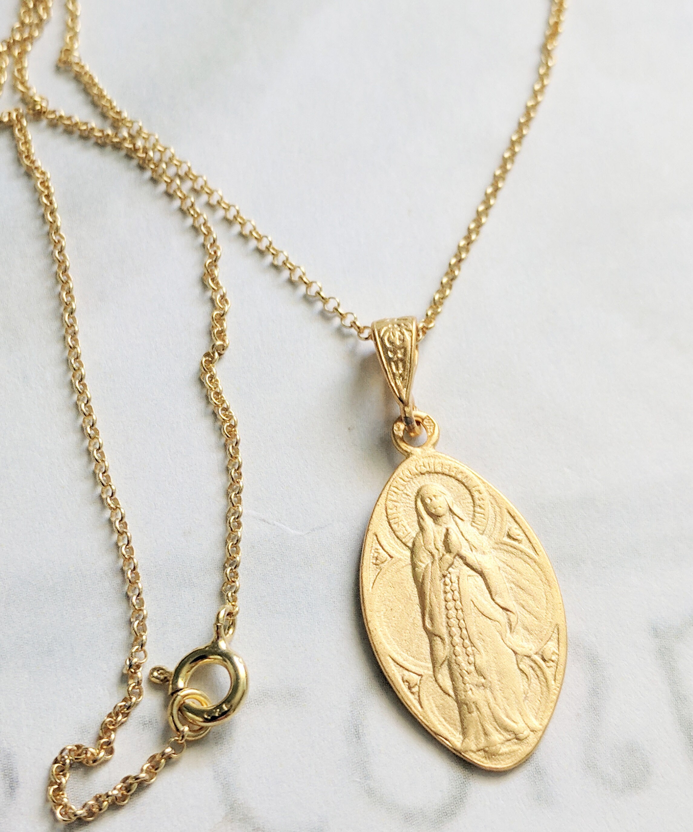 Necklace Our Lady of the Rosary / Lourdes 16x28mm 18K Gold | Etsy