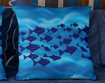 Navy School of Fish Ocean Theme Soft Waves Gift for Ocean Lover, Coastal Decor Pillow Cover